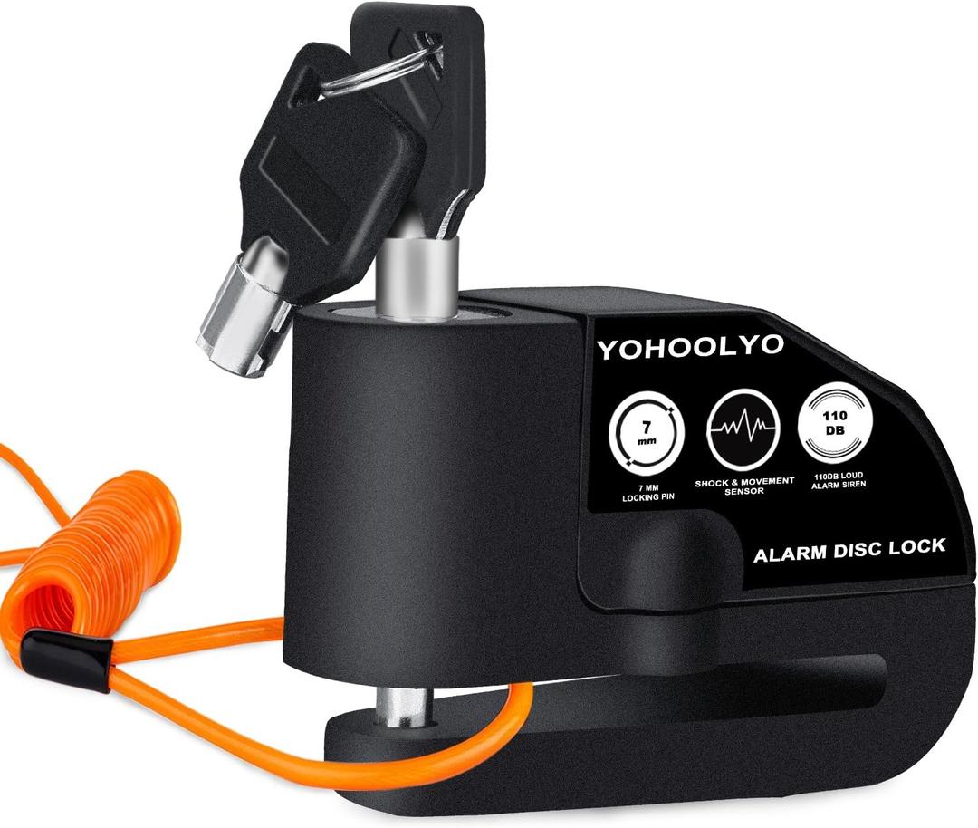YOHOOLYO Alarm Disc Lock Motorcycle Disc Brake Lock Anti-Theft Waterproof 110 dB 7mm Pin 5ft Reminder Cable for Motorcycles Bike Scooter Carry Pouch (Black), 2 Pack