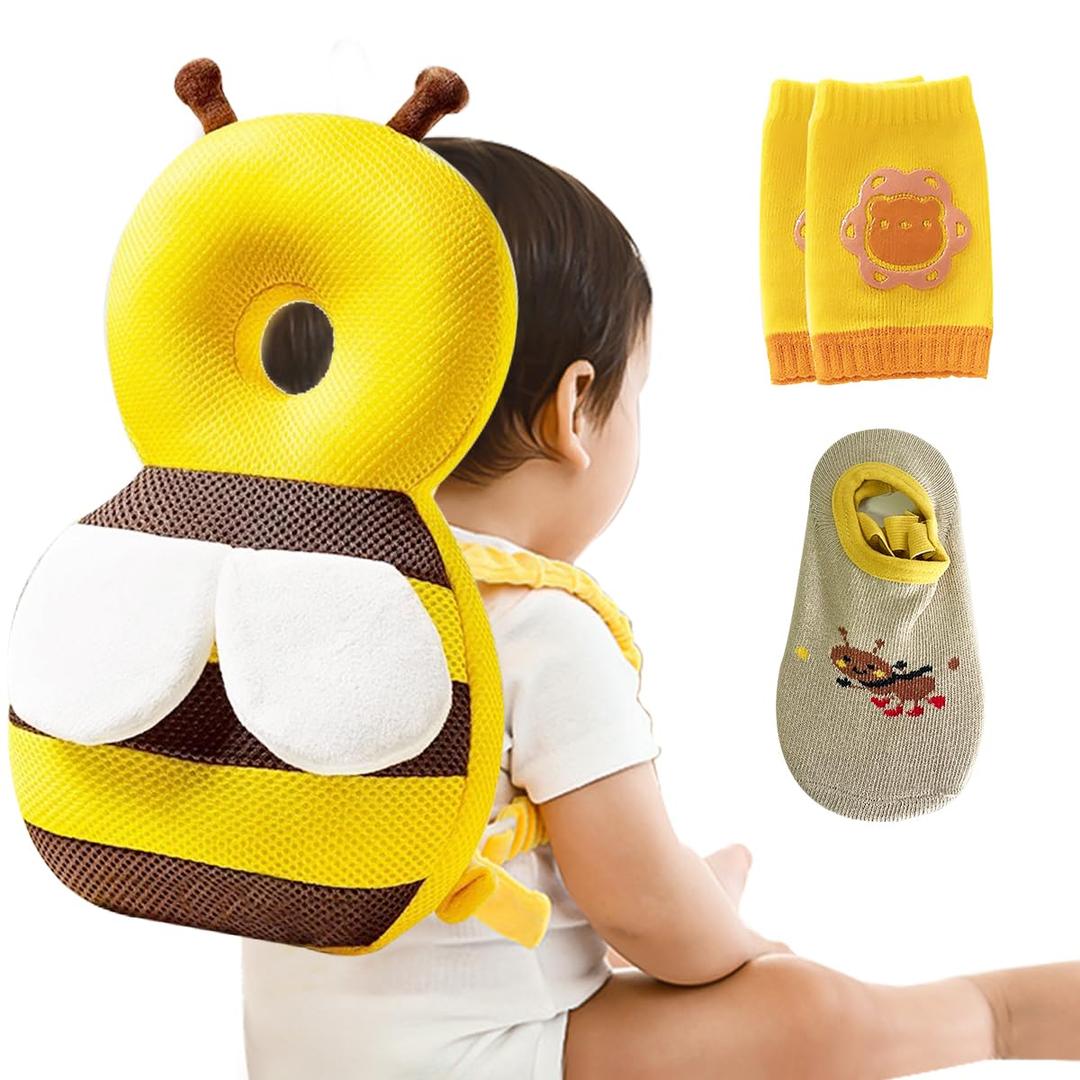 Baby Head Protector,Infant Fall Protection, Baby Head Protector Cushion Backpack with Baby Knee Pads Anti Slip Socks for Walking & Crawling (Yellow Bees)