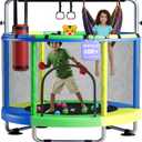 55" Toddler Trampoline for Kids Ages 38 Indoor & Outdoor Kids Trampoline Anti-Tilt Frame, Adjustable Gym Bar, Basketball Hoop, Ocean Balls, Boxing Bag, Hammock & Boxing Gloves