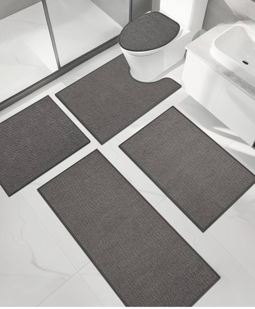 chakme Bathroom Rug Sets 5 Piece, Ultra Thin Bath Mat Quick Dry, Absorbent, Non Slip, Machine Washable, Dark Grey, 5 Piece