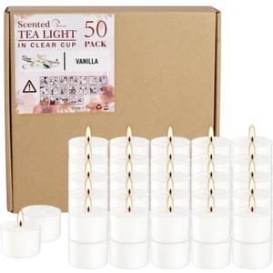 Set of 50 White Scented Tealight Candles Bulk, Vanilla Fragrance Wax with Clear Container, for Restaurant Dinner Weddings Baby Showers, Long Burning, 8 Hours