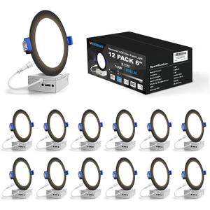 VOLISUN 12 Pack 6 inch Recessed Lighting, 5CCT LED Recessed Light Black, 2700K-5000K Selectable, 13W Eqv 120W, 1080LM Dimmable Canless Wafer Downlight, LED Ceiling Light ETL Certificated