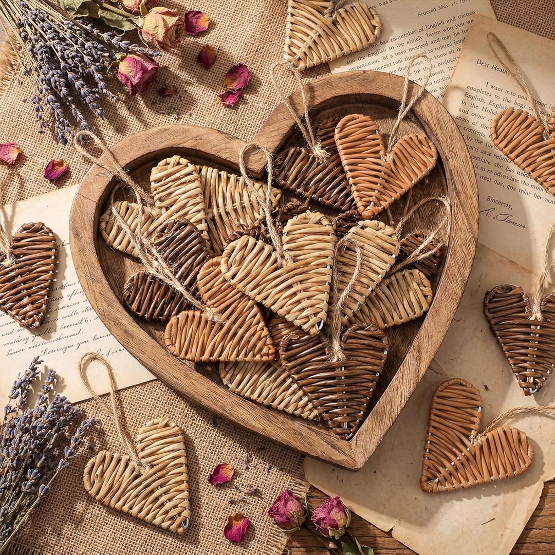 24 Pcs Neutral Valentines Day Heart Ornaments Rattan Wicker Heart Ornaments 3.15 Inch Rustic Farmhouse Valentines Day Vase Bowl Fillers Boho Decorations for Tree Home Wedding Table Craft (Tan, Beige, Brown)