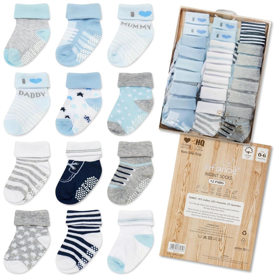 Baby Socks 12 Pairs - Non-Slip Infant Grip for Newborns & Toddlers 0-6 Months, Boys & Girls, Safe for Walking (Blue)