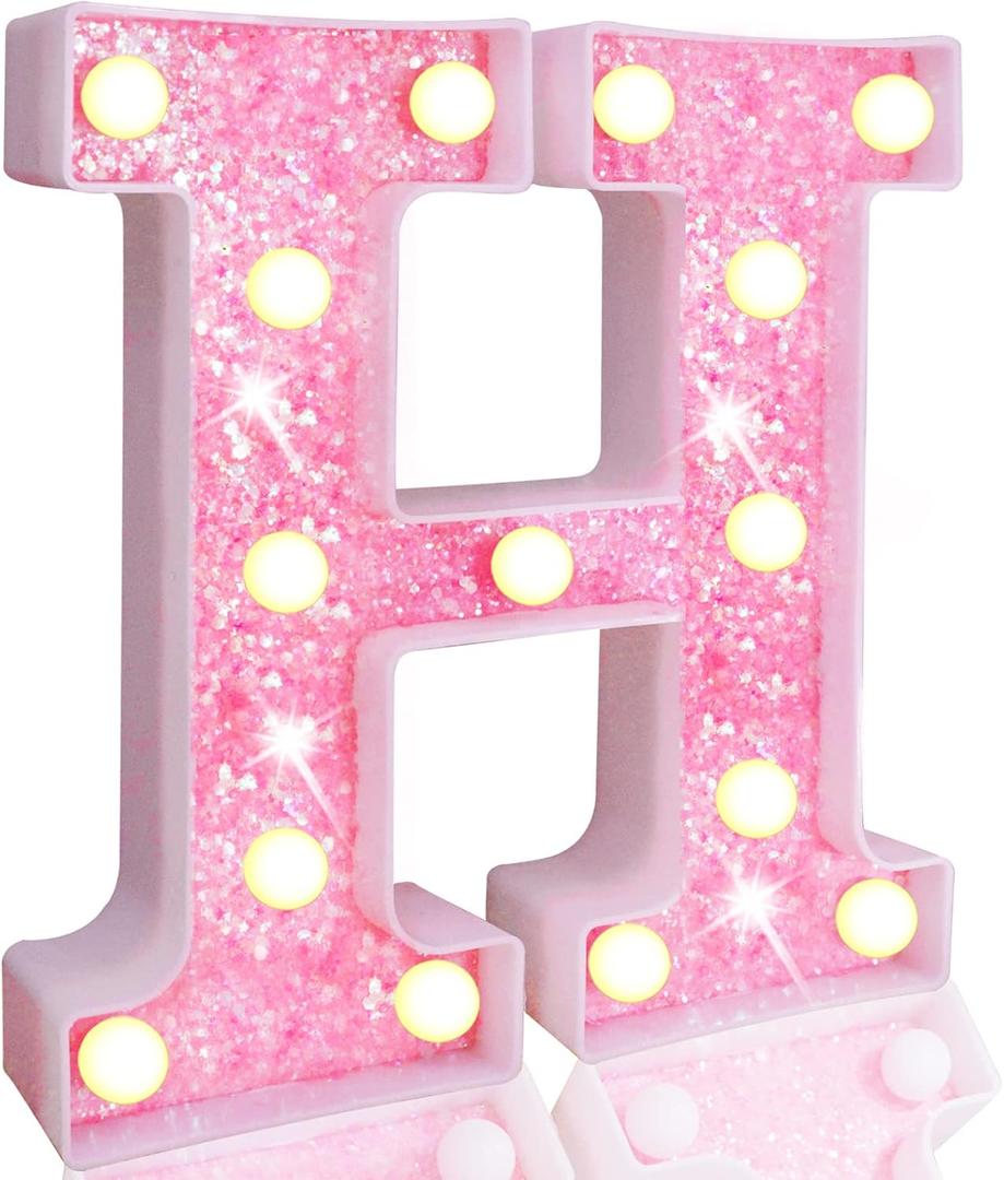 Pooqla LED Marquee Letter Lights, Light Up Pink Letters Glitter Alphabet Letter Sign Battery Powered for Night Light Birthday Party Wedding Girls Gifts Home Bar Christmas Decoration, Pink H