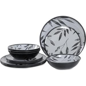 12pcs Melamine Dinnerware Set - Service for 4 Melamine Plates and Bowls Set, Unbreakable Dinner Salad Dessert Plate, Cereal Bowl Set for Indoor/Outdoor, Gray Leaf (Grey Leaves)