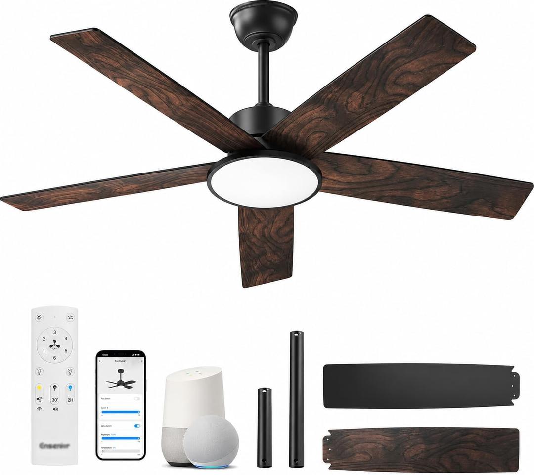 Ensenior 52 Inch Smart Ceiling Fans with Lights, 3-Way Control, 5-Blade | Alexa & App & Remote control, Quiet Reversible Motor, < 30 dB, Dual-finish Blades, Dimmable, 6 Speeds, 3CCT, Memory, Timer