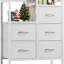 Furnulem 5 Drawer White Dressers for Bedroom 2 Tier Shelf Storage Small Fabric Dresser for Closet Sturdy Metal Frame Modern Style Storage Cabinets Organization Units for Hallway Rooms