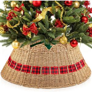 Christmas Tree Collar 24 Inch Large Woven Christmas Tree Skirt Rustic Seagrass Xmas Stand Base Cover for Holiday Home Decoration