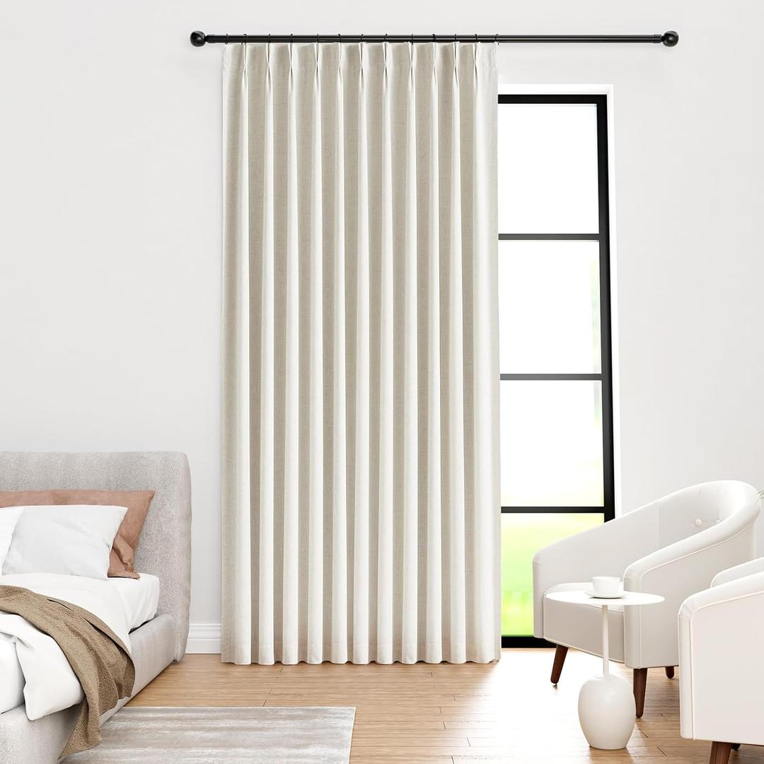 IVAPUPU Natural Pinch Pleated 100% Blackout Curtains Linen Blend Room Darkening Window Curtains 90 inch 1 Panel for Living Room Bedroom Thermal Insulated Curtain Drapes with 12 Pcs Hooks 70''Wx90''L
