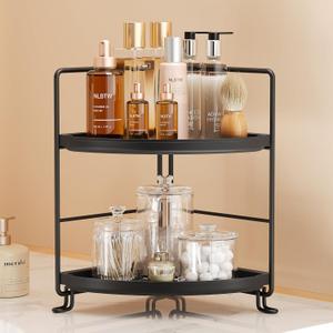 2 Tier Corner Bathroom Countertop Organizer, Tool-Less Installation Vanity Tray for Skincare Makeup Perfume Organizer, Small Plastics Counter Bathroom Storage and Organization (Black)