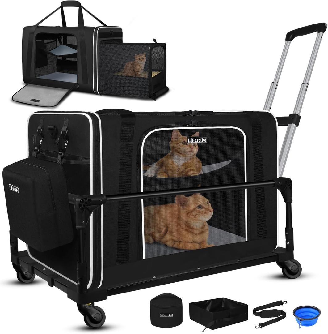 Petskd Side Expandable Extra Large Cat Carrier with Wheels and Litter Box, 24"x17"x17" Soft-Sided Pet Carrier for 2 Cats Under 55 lbs with Zipper Locks for Car Travel (Black)