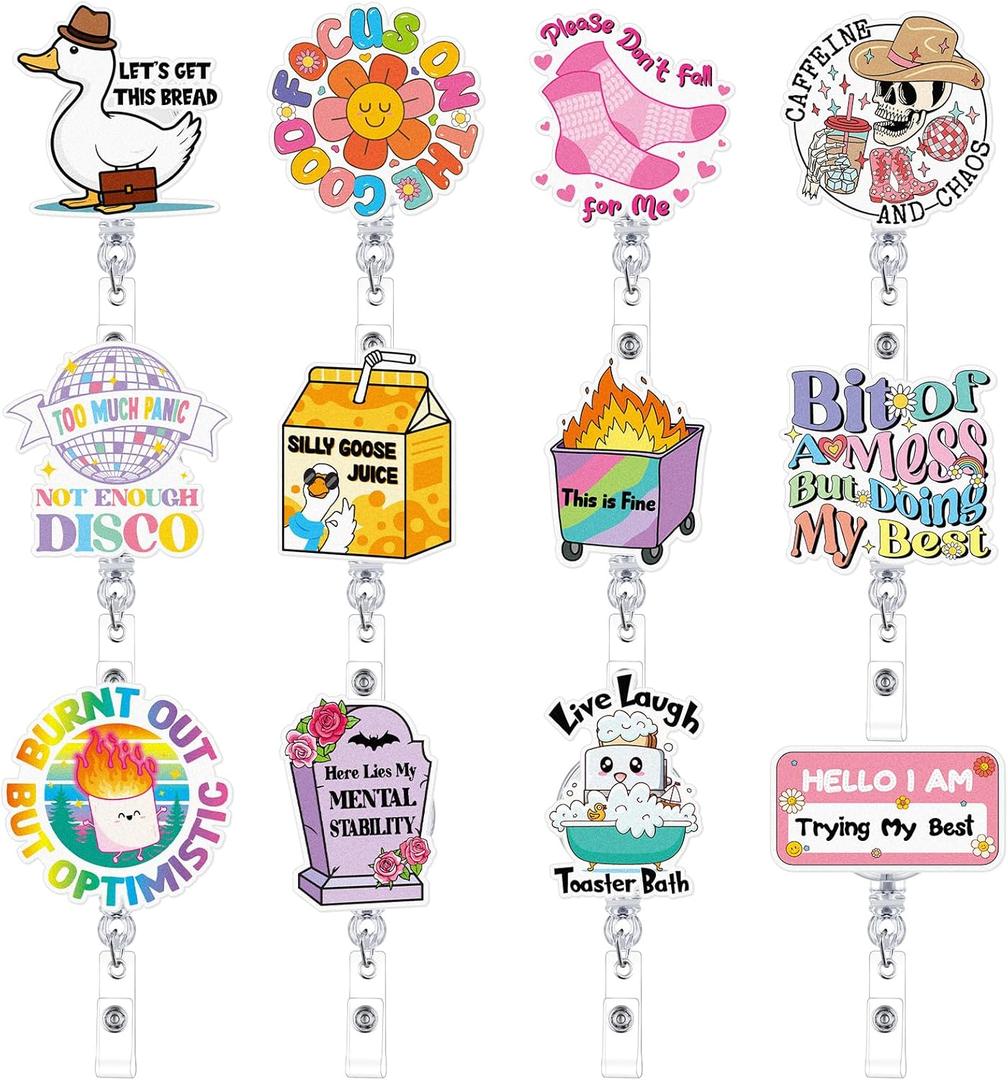 Threehoney 12 Pcs Funny Badge Reel Cute Nurse Badge Holders Retractable Nursing Name ID Clip Fun Gift for Christmas Rn Doctor Medical Assistant Office Coworker Work Healthcare Accessories Bulk