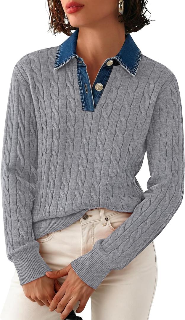 SAUKOLE Sweaters for Women Denim Lapel V Neck Buttons Closure Casual Long Sleeve Cable Knit Loose Pullover Sweater (Medium, 249#grey)