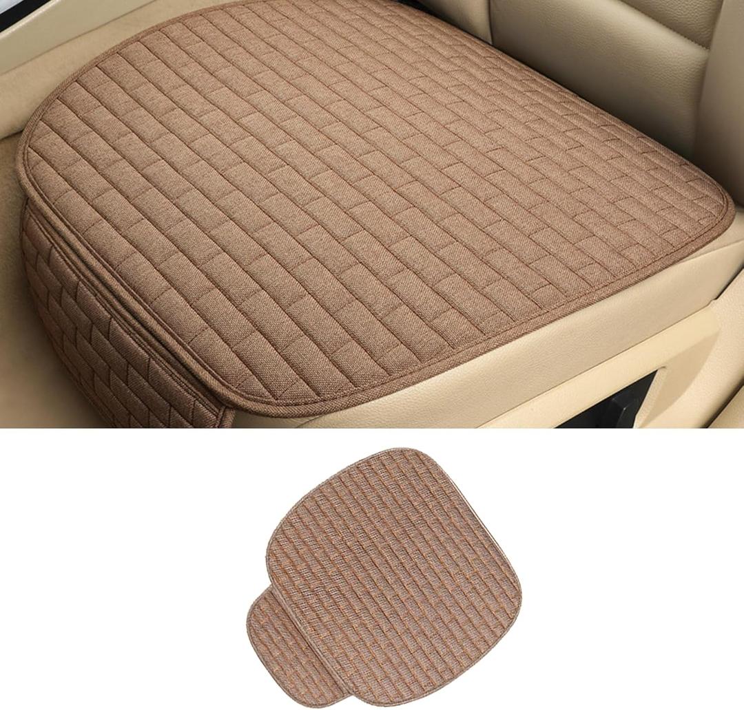 Linen Back Car Seat Cover, Anti-Slip Long Bottom Rear Seat Cover Protector with Storage Pockets, Breathable Linen Rear Bench Seat Protector Cushion Pad for Most Vehicles (Brown, Front Cover)