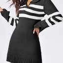 Saodimallsu Womens Striped Sweater Dress V Neck Collared Long Sleeve Slim Fit Ribbed Knit Trendy Mini Dresses (Large, Black)