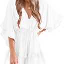 Valphsio Womens V Neck Beach Romper Ruffle Layered Drawstring Waisted Shorts Jumpsuit (Medium, White)