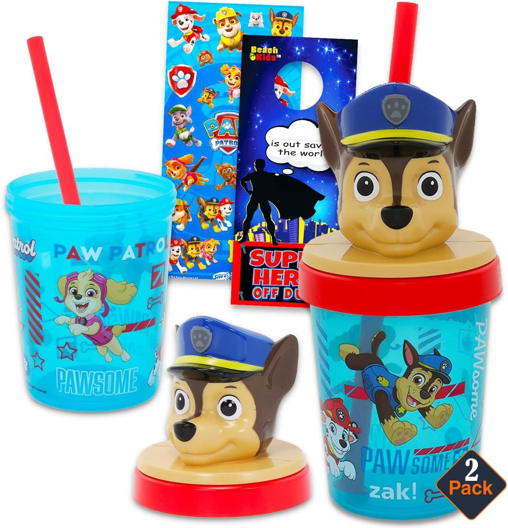 Paw Patrol Travel Cup Set - Drinking Cups Bundle of 2 BPA-Free Cups, Lid & Straw Plus Stickers for Toddlers | 13oz Paw Patrol School Supplies