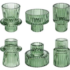 Taper Votive Candle Holder for Pillar Candles Tealight, Candlestick Holder for Wedding Christmas Tea Party, Boho Ribbed Vintage Crystal Glass Table Centerpiece Decor, Bulk Set of 6 (Green)