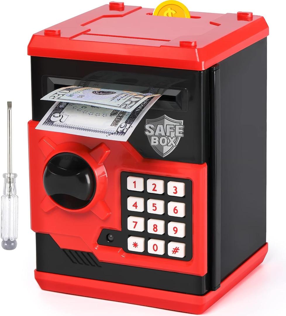 ATM Piggy Bank for Boys Girls, Vcertcpl Mini ATM Coin Bank Money Saving Box with Password, Kids Safe Money Jar for Adults with Auto Grab Bill Slot, Great Gift Toy Bank for Kids (Red+Black)