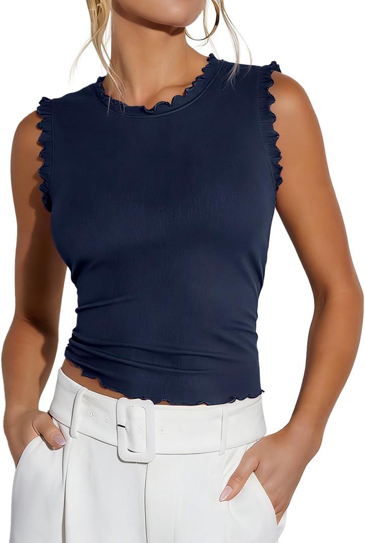 Ezbelle Women's Summer Tank Tops Ribbed Knit Ruffle Shirts Sleeveless Blouse Casual Clothes 2026 Medium