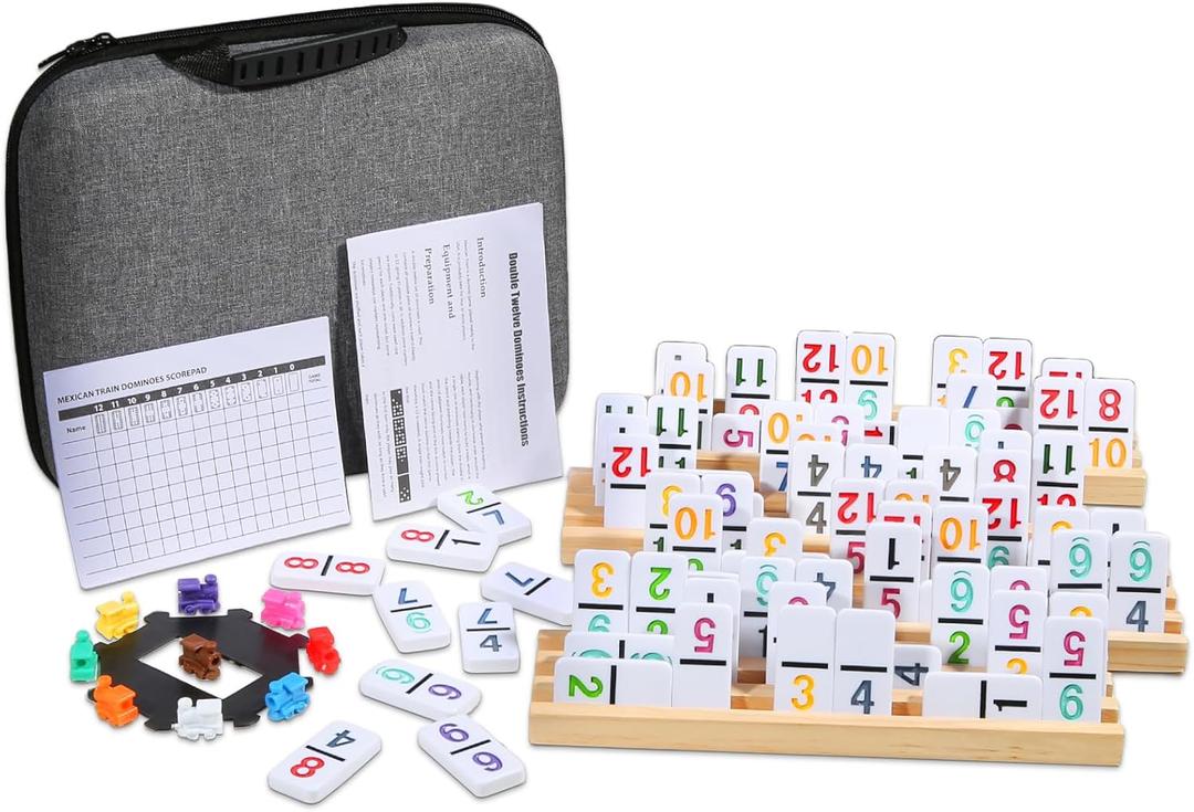 Mexican Train Numbers Dominoes with 4 Wood Trays, Color Double 12 Numerical Domine Set for Adults and Family, Classic 91 Tiles Board Grame with Waterproof Case