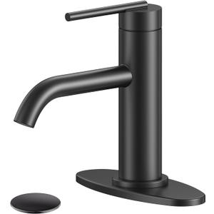Black Bathroom Faucet for Single Handle HURRAN 1 Hole Bathroom Faucet with Pop-up Drain and Deck, Fits 1 Hole or 3 Hole Installations for Vanity, Bathroom & RV