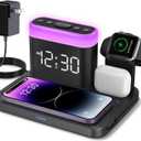 ANJANK Wireless Charging Station,5 in 1 Multiple Charger Stand with Alarm Clock,7 Night Light,Mag-Safe Charging Dock for iPhone 17 16 15 14 13 12 Pro Max Plus,Apple Watch 11/10/9/8,for Airpods,Bedroom (Black)
