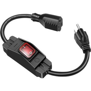 Outdoor Extension Cord with On/Off Waterproof Switch, 15A 125V Grounded 3-Prong Plug, Heavy Duty 1875W Short Outdoor Extension Cord for Lights,Black 14/3 SJTW Switch Cord,Outdoor Light Control(1.5FT