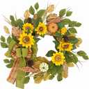 20 Inch Fall Wreath for Front Door, Sunflower Autumn Wreath with Pumpkins and Bow for Thanksgiving Farmhouse Home Window Wall Office Wedding Indoor Outdoor Decorations (Yellow)