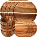 Maxdot 12 Pcs Acacia Wood Dinnerware Set, Round Wooden Plates 8 Inch 10 Inch, Solid Wooden Bowls, Acacia Wood Tableware Supplies, Easy Cleaning & Lightweight for Dishes Snack, Dessert, Set for 4
