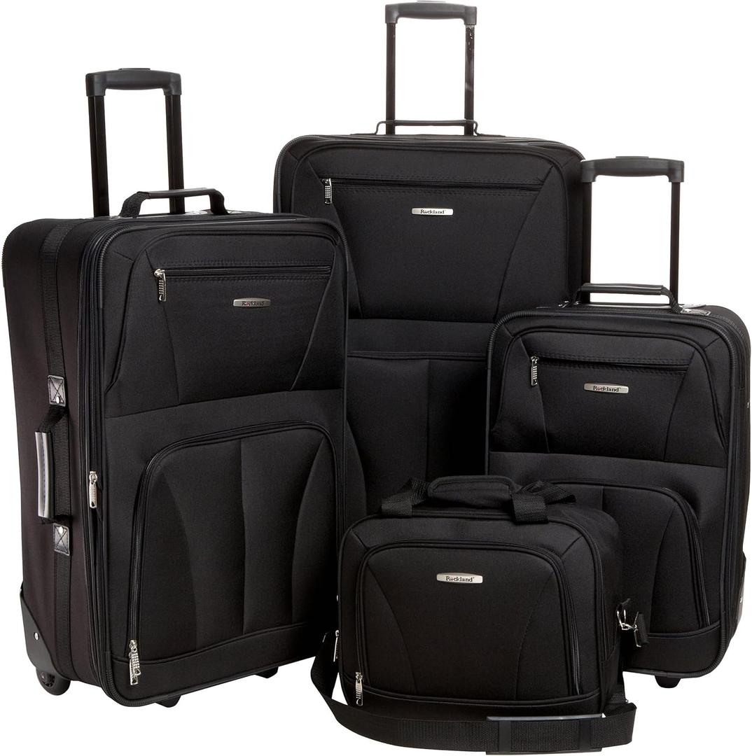 Rockland Journey Softside Upright Luggage Set,Expandable, Lightweight, Black, 4-Piece (14/19/24/28)
