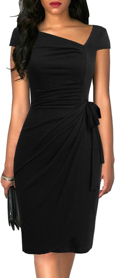 Women's Vintage Cap Sleeves Asymmetrical Neckline Sheath Bodycon Casual Work Cocktail Party Pencil Faux Wrap Dresses (Black, L)