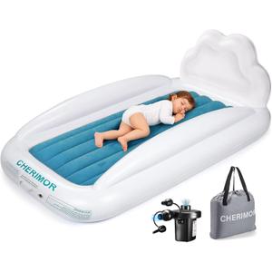 Toddler Air Mattress with Electric Pump, Inflatable Toddler Travel Bed with Safety Sides, Portable Kids Blow Up Mattress for Travel, Camping Grandma Sleepovers Playing Air Bed, Gift for Kids (63"L x 40"W x 11"Th)