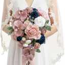 Ling's moment Pink Blue Bridal Bouquet Cascading, Dusty Rose Navy Wedding Bouquets for Bride, 13 Inch Bride Artificial Flowers Bouquets