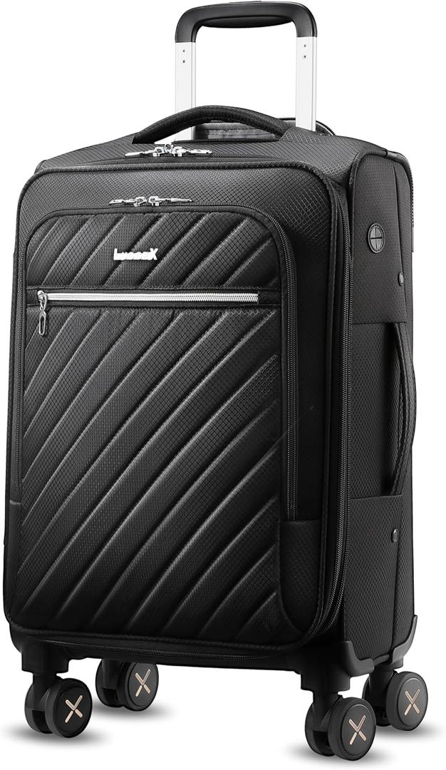 LUGGEX Carry On Luggage with Spinner Wheels - Stylish Lightweight Carry On Suitcase - Soft Sided 22x14x9 airline approved with Front Open Design for Travel, Business (Black, 20 Inch)
