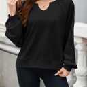 Womens Oversized Sweatshirts V Neck Lace Crochet Lantern Long Sleeve Pullover Cropped Tops Fall Outfits Clothes (Black, XL)