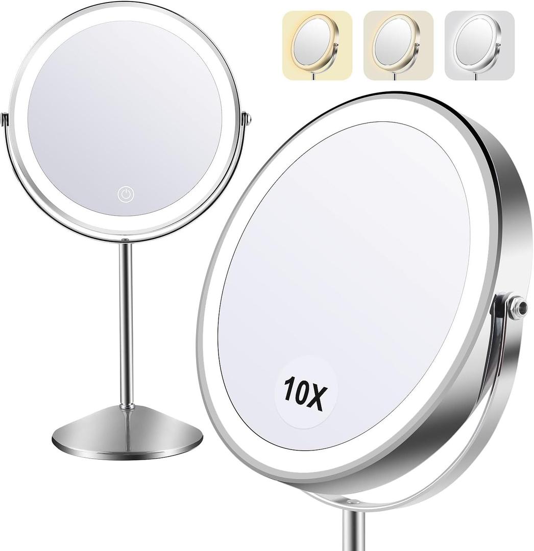 Lighted Makeup Mirror,1x/10x Magnifying Vanity Mirror with Light,3000 mAh Rechargeable Light up Mirror,3 Colors Brightness Adjustable, 2-Sided, 8" Round,360 Rotation, Gift for Women