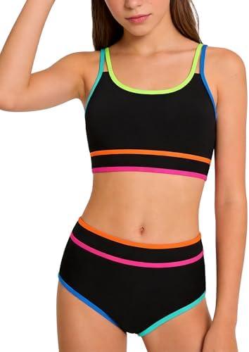 Svreeyer Teen Girls Swimsuit Color Block Sporty Bikini Sets with Cover Up Skirt 3 Piece Bathing Suit Size 15-16 Years