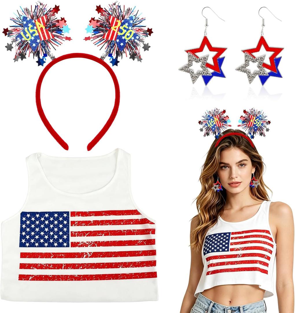 DPKOW 4th of July Outfits Accessories for Women, 250 Anniversary Party Favors 4th of July Tank Tops Headband Earrings, S M L