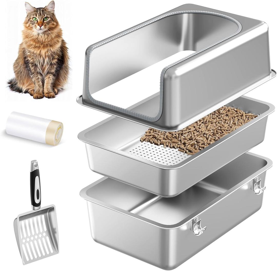 23.6''15.7''12'' XL All Stainless Steel Sifting Litter Box for Pine Pellets,Sifting Cat Litter Box with Lid for Big Cats,Metal High Side Sifter Litter Pan System for Odor Control,with Scoop Liners