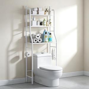 3-Tier Over the Toilet Storage Shelf with Adjustable Foot Pads, Anti-Tilt Metal Bathroom Organizer with Paper Holder & 4 Hooks, No Drill Space Saving Toilet Rack, White