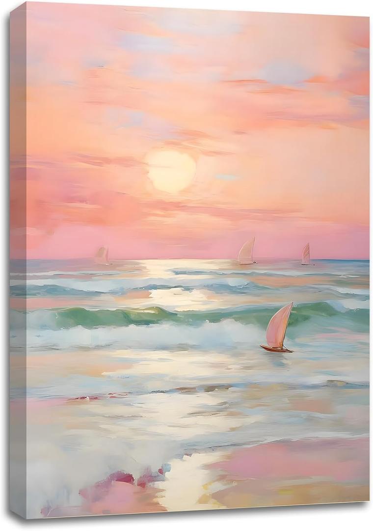 SIXWOOD Pink Ocean Sunset Canvas Wall Art Painting, Pastel Beach Picture with Waves and Sailboats, Coastal Wall Decor for Living Room Girls Bedroom Nursery, 16x24 Framed Ready to Hang Aesthetic Print