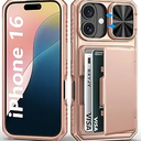 BXYJY for iPhone 16 Phone Case Wallet, Builtin Card Holder (45 Cards), Slide Camera Cover, RFID Block, Military Grade Drop Protection, Rugged Women Girly Men Protective Case for iPhone16, Rose Gold