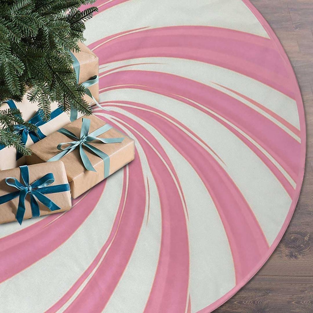 Christmas Tree Skirt 36 inches, Pink Swirl Stripe Candy Large Xmas Tree Mat for Holiday Party Ornament Rustic Farmhouse Decorations (Pink, 36in)