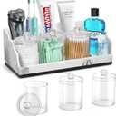 Marble Bathroom Countertop Organizer, Toothbrush Holders for Bathroom with 3PCS Qtip Holder Dispenser and Toothpaste Holder Drainage for Bathroom Accessories Organization Counter Vanity Storage (White)