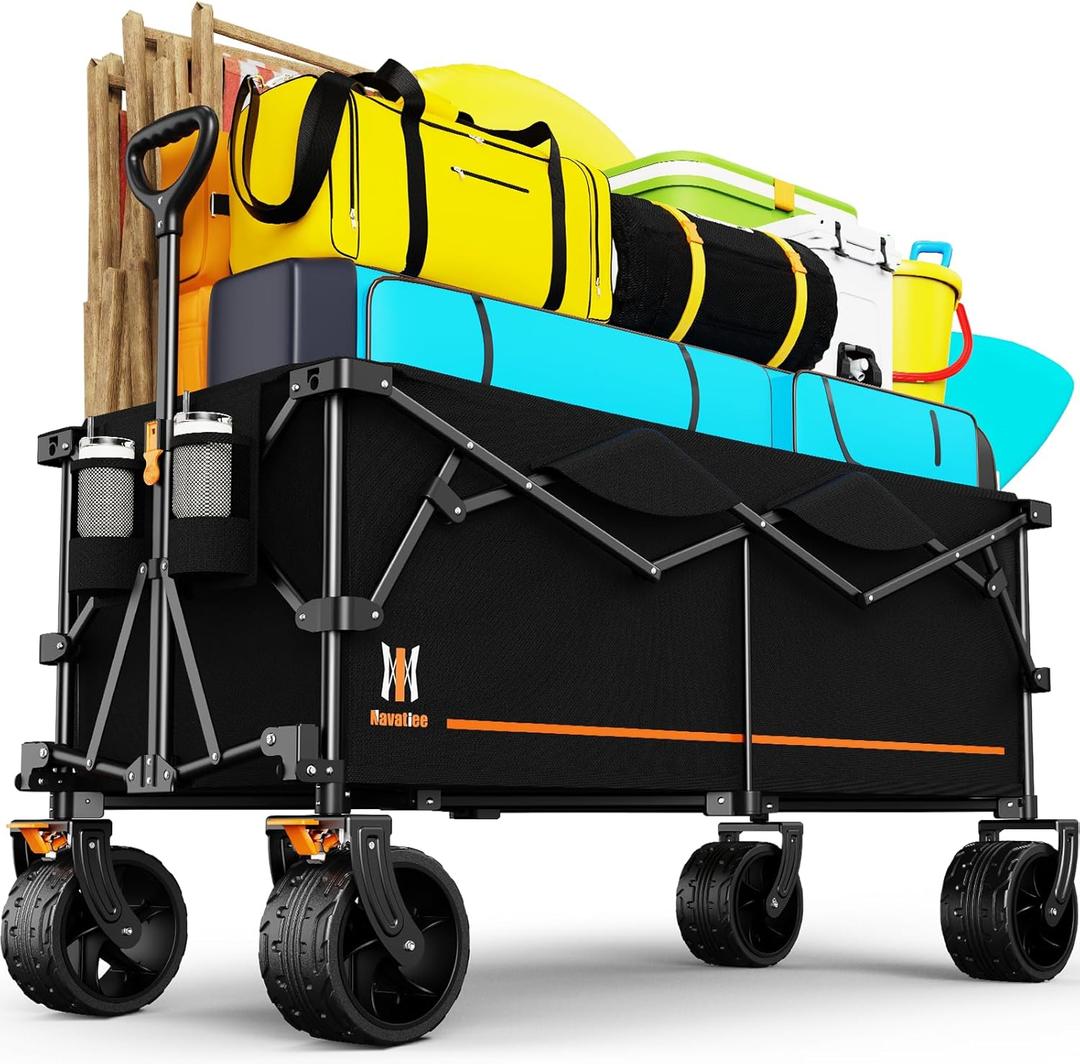 Navatiee 48" L Collapsible Extended Wagon, 440Lbs Heavy Duty Wagons Carts Foldable, 300L Extra Large Beach Wagon with Big All-Terrain Wheels for Sand, Folding Utility Garden Cart for Outdoor, Black