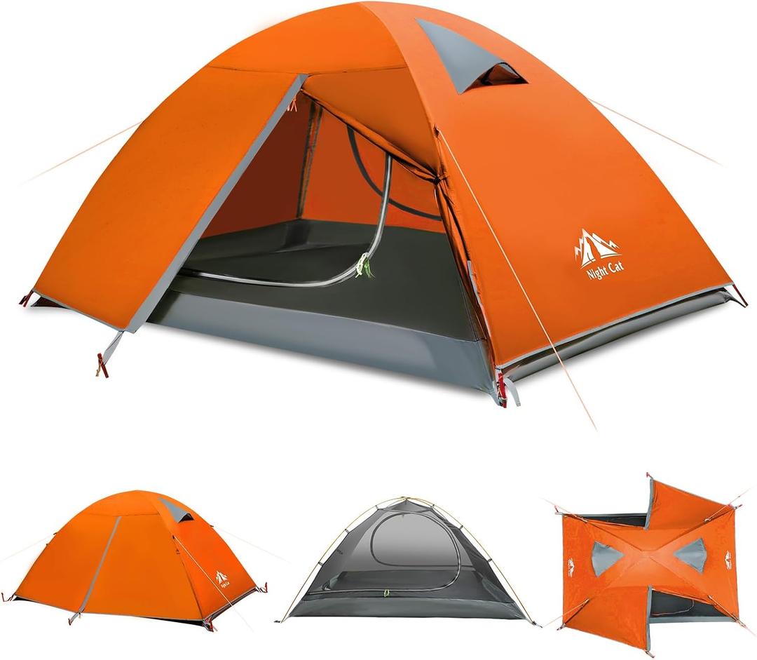 Night Cat 2-Persons Backpacking Tent: Waterproof Lightweight Camping Tent for Two People Hiking Outdoor Mountain with Aluminum Poles and Rainfly Green (Pure Orange)