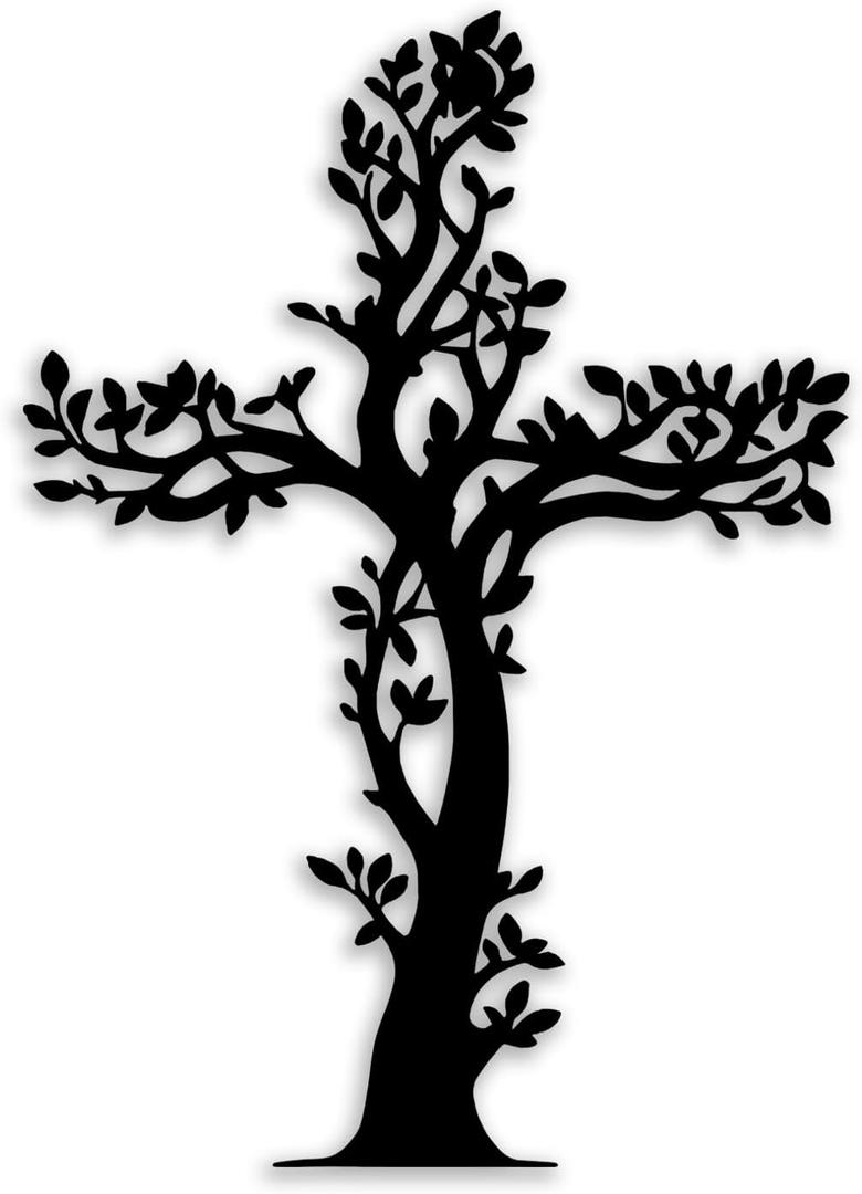 Cross Tree Leaf Metal Wall Decor - Christian Room Decor Wall Art Home Decor for Living Room, Bedroom, Dining Room, Office, Courtyard, Garden (Black)