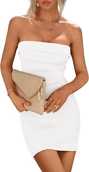 PRETTYGARDEN Summer Dresses for Women 2025 Strapless Off Shoulder Ribbed Knit Bodycon Elegant Classy Trendy Mini Beach Dress (Size M, White)